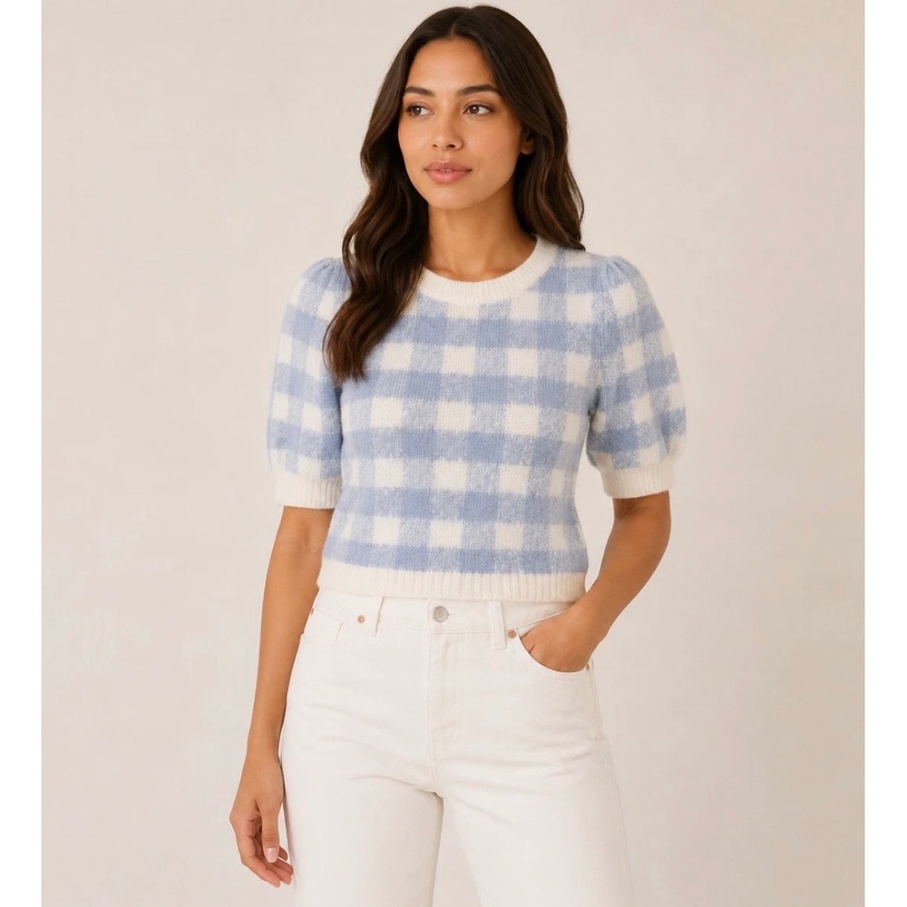 Maeve Anthropologie Preppy Cottagecore Gingham Puff Sleeve Sweater Top XS Boho
